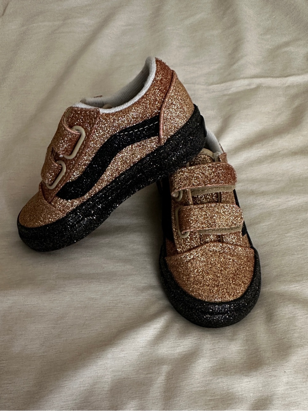 Vans Kids Glitter Gold and Black Velcro Sneakers